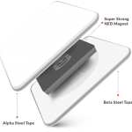 Each KLAPiT consists of : 1 Alpha Steel Tape (White Steel tape with an adhesive covered by a liner on one side); 1 Beta Steel Tape (Same as Alpha Steel Tape); 1 NED Magnet